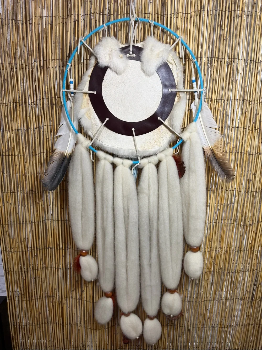 Vintage Large Native American Mandella Dream Catcher, Wool and Rabbit